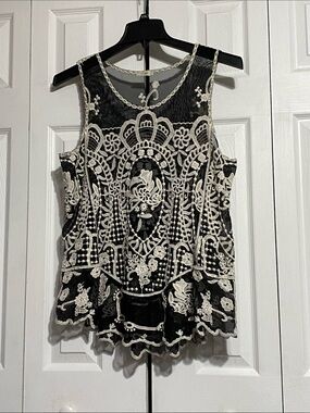 Capri black mesh &  Ivory  Lace Round-Neck Boho Sheer top shirt Blouse  M  /  L